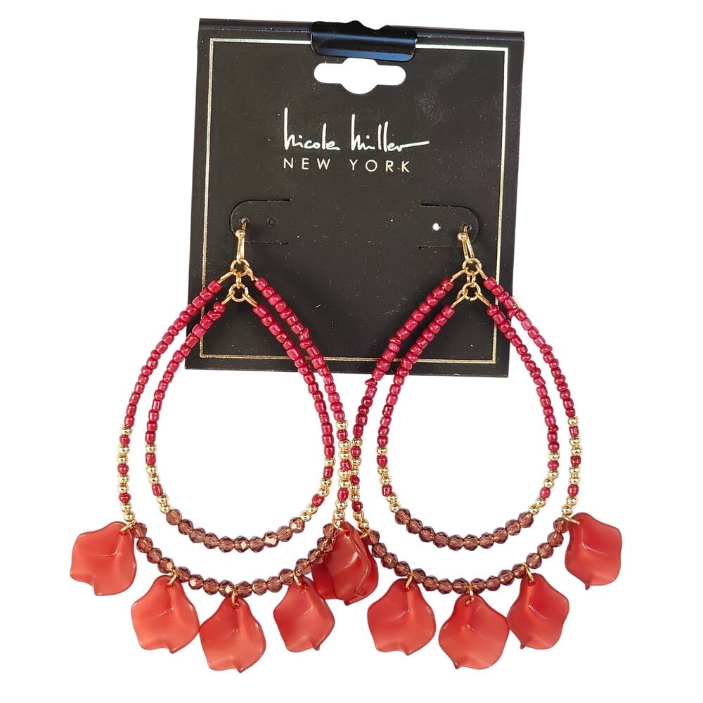 Beaded Drop Earrings Red Floral Petals Gold Hoop Pierced 3.42" Nicole Miller